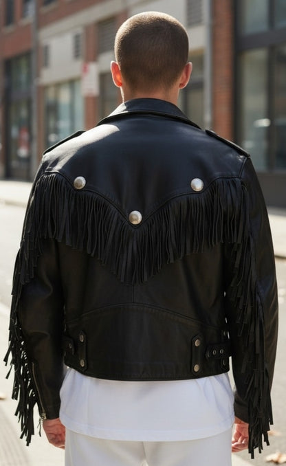 Men's Real Cowhide Leather Bikers Jacket Fringes & Conchos