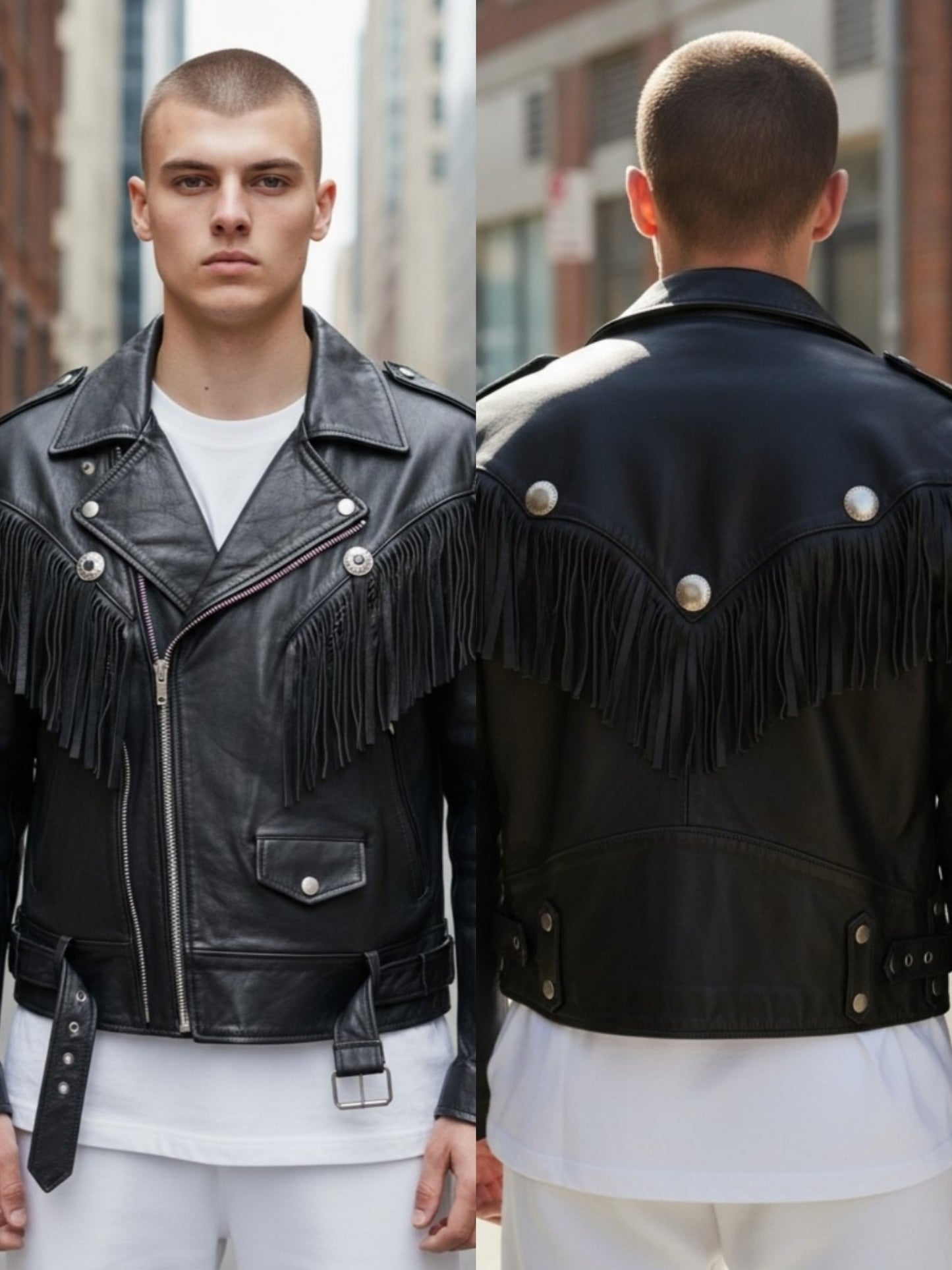 Men's Real Cowhide Leather Bikers Jacket Fringes & Conchos
