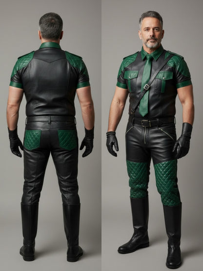 Men's Real Leather Quilted Panels Pants & Police Shirt Green & Black Pants ,Shirt &Tie