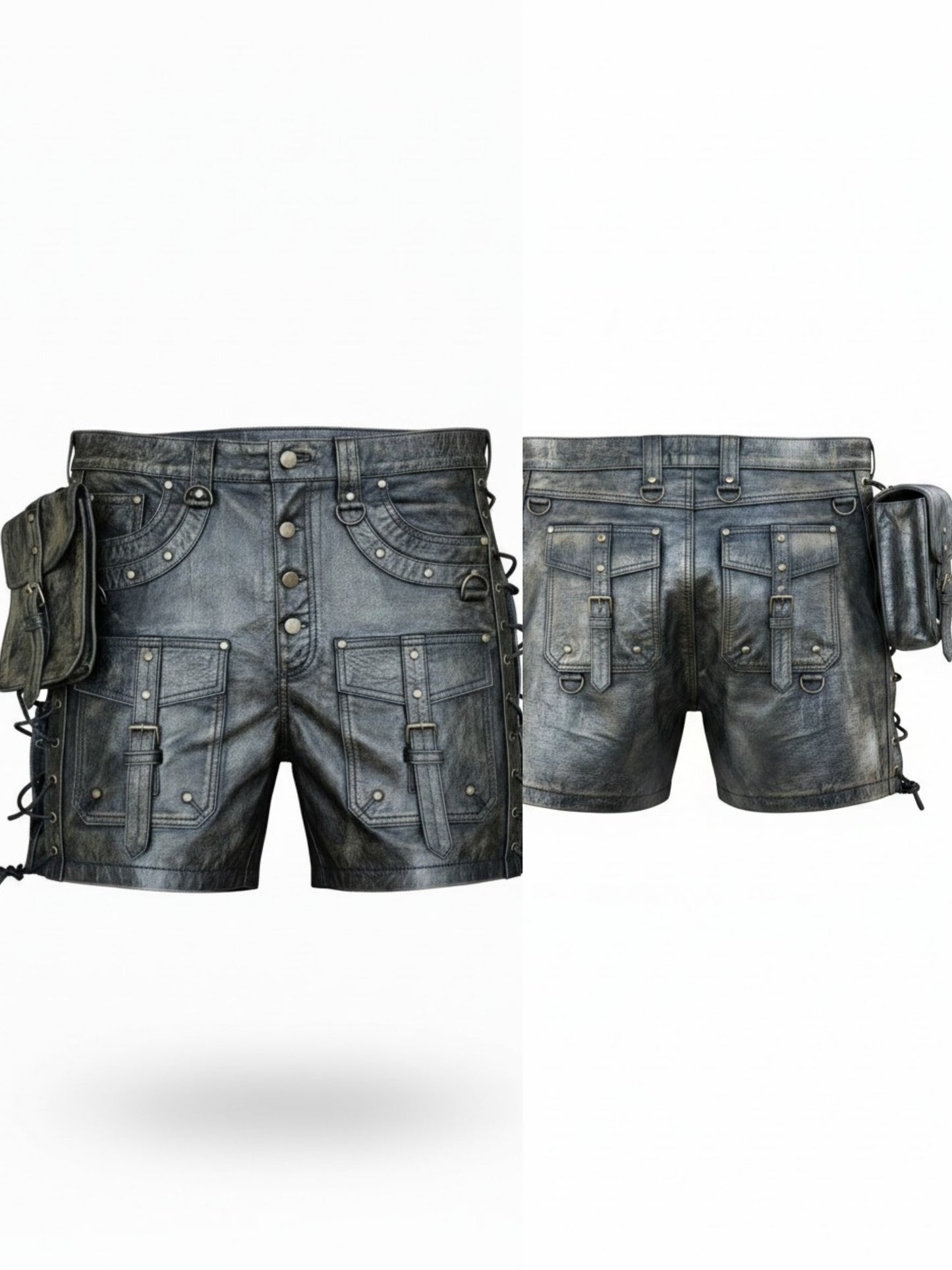 Men's Genuine Distressed Cow Leather Utility Biker/Gothic/Punk Shorts