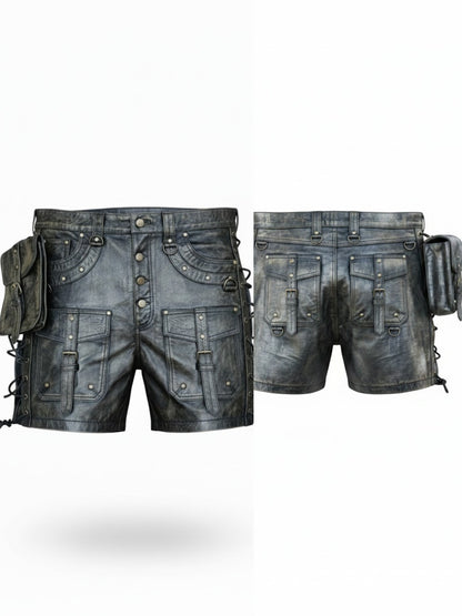 Men's Genuine Distressed Cow Leather Utility Biker/Gothic/Punk Shorts