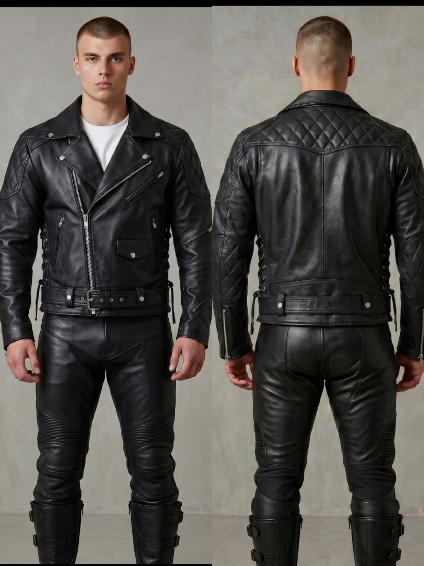 Real Natural Cow Leather Bikers Quilted Panels Jacket