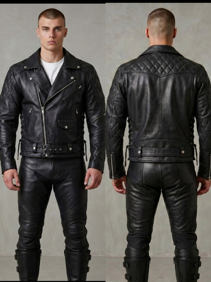 Real Natural Cow Leather Bikers Quilted Panels Jacket