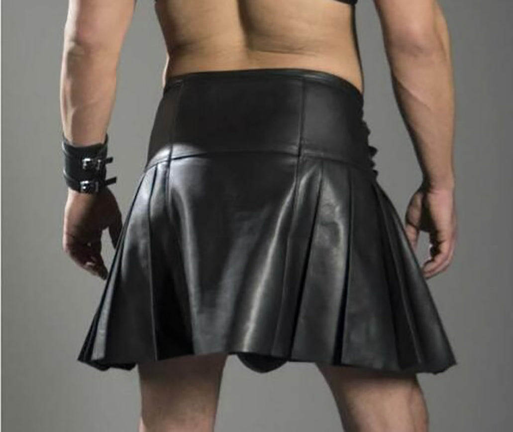 Men’s Real Cowhide Leather Pleated Kilt Clubwear Leather Kilt