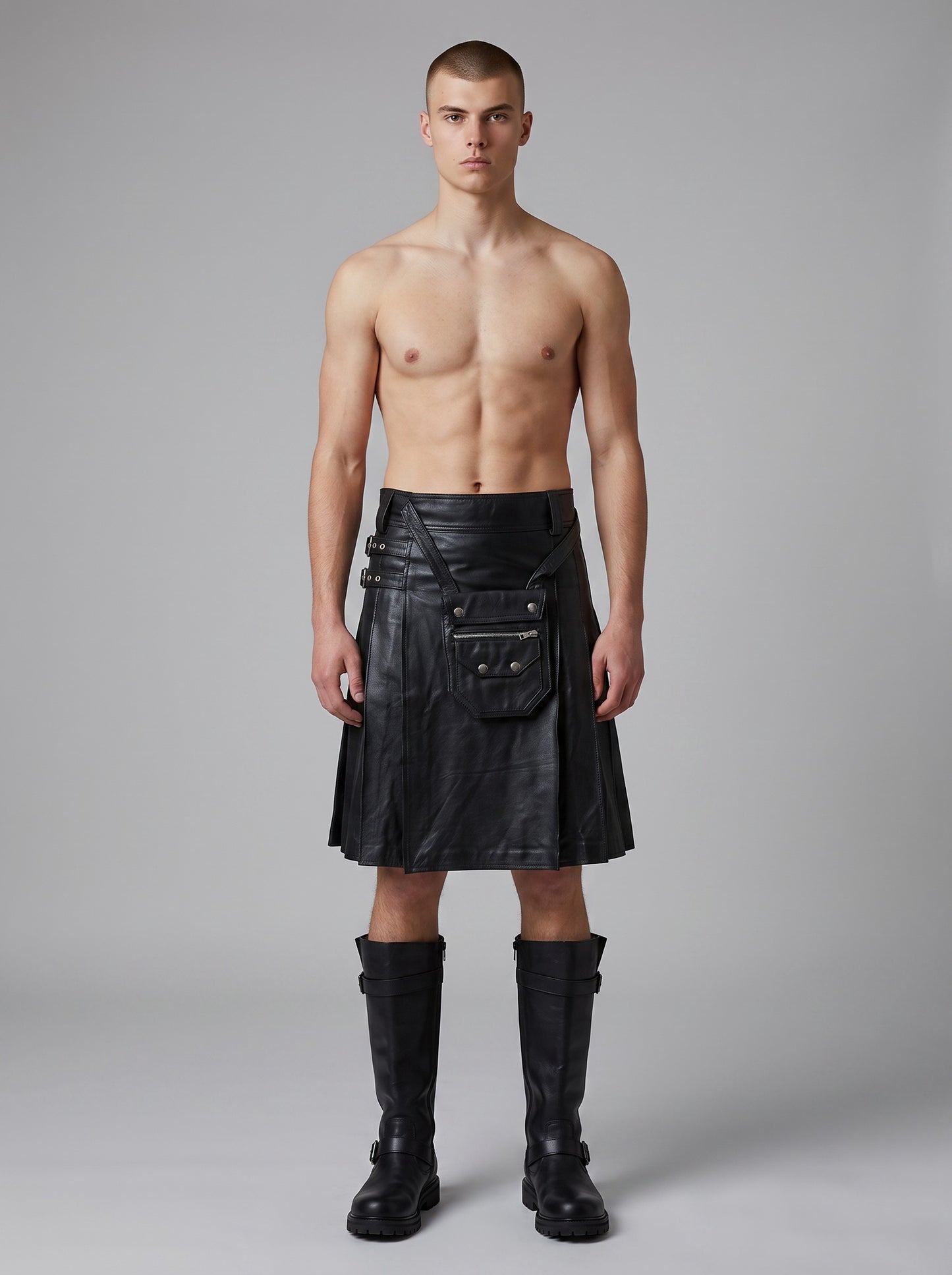 Men's Real Cowhide Leather Utility Kilt Leather Kilt with Utility Sporran