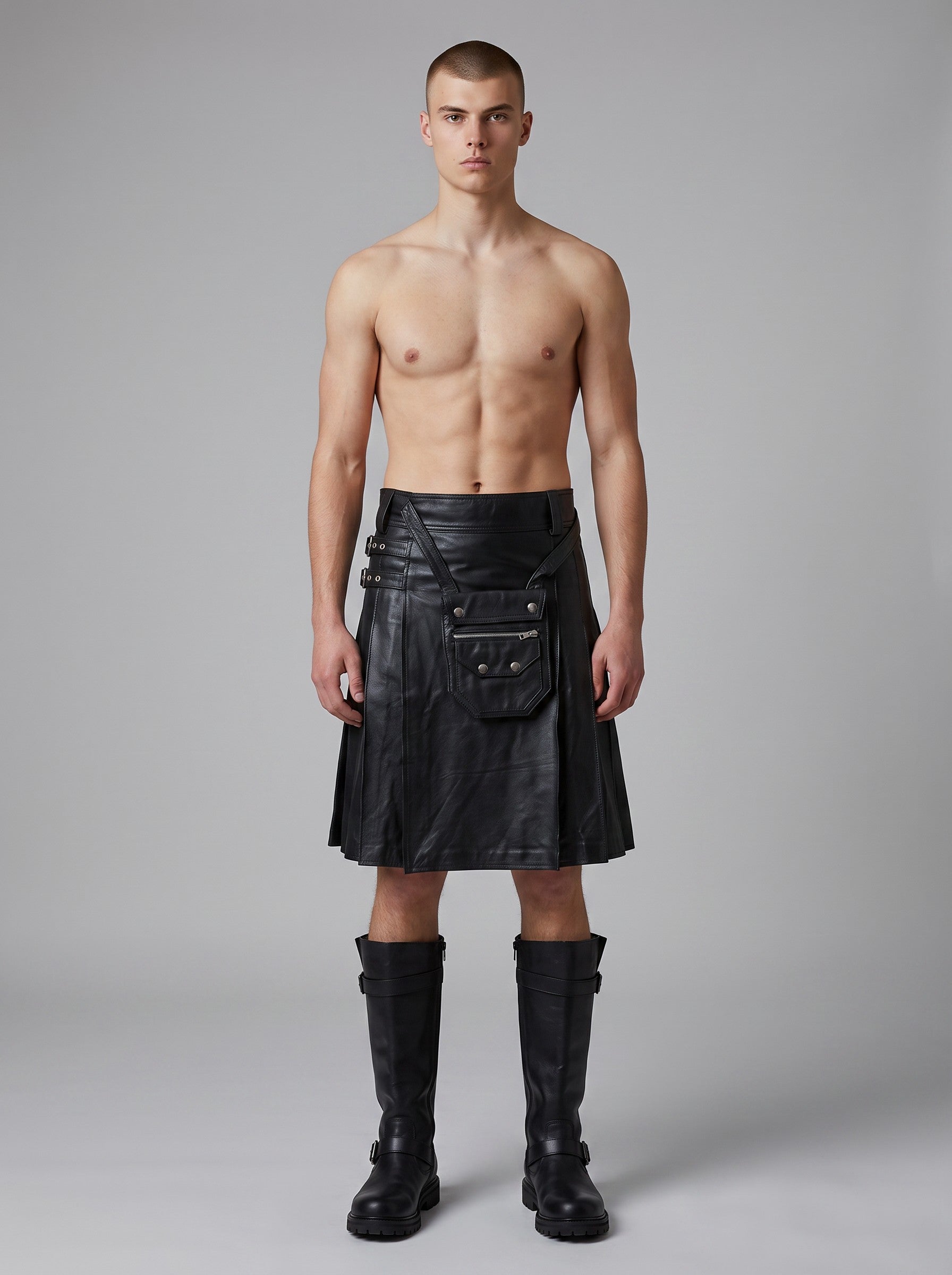 Men's Real Cowhide Leather Utility Kilt Leather Kilt with Utility Sporran