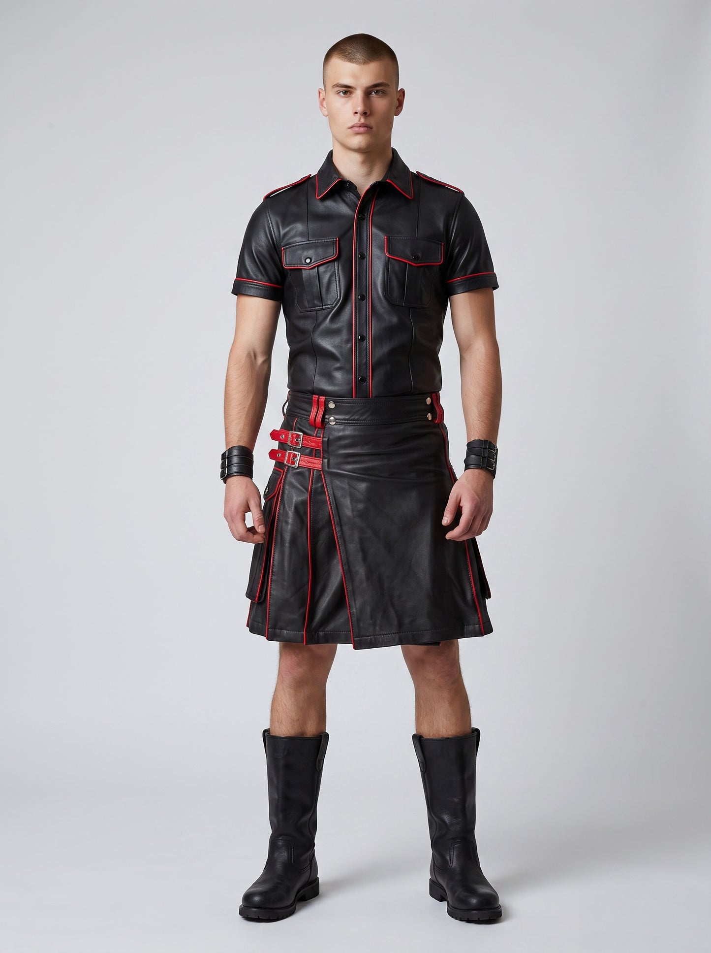 MEN'S REAL LEATHER UTILITY KILT WITH POCKETS AND RED LEATHER ACCENT