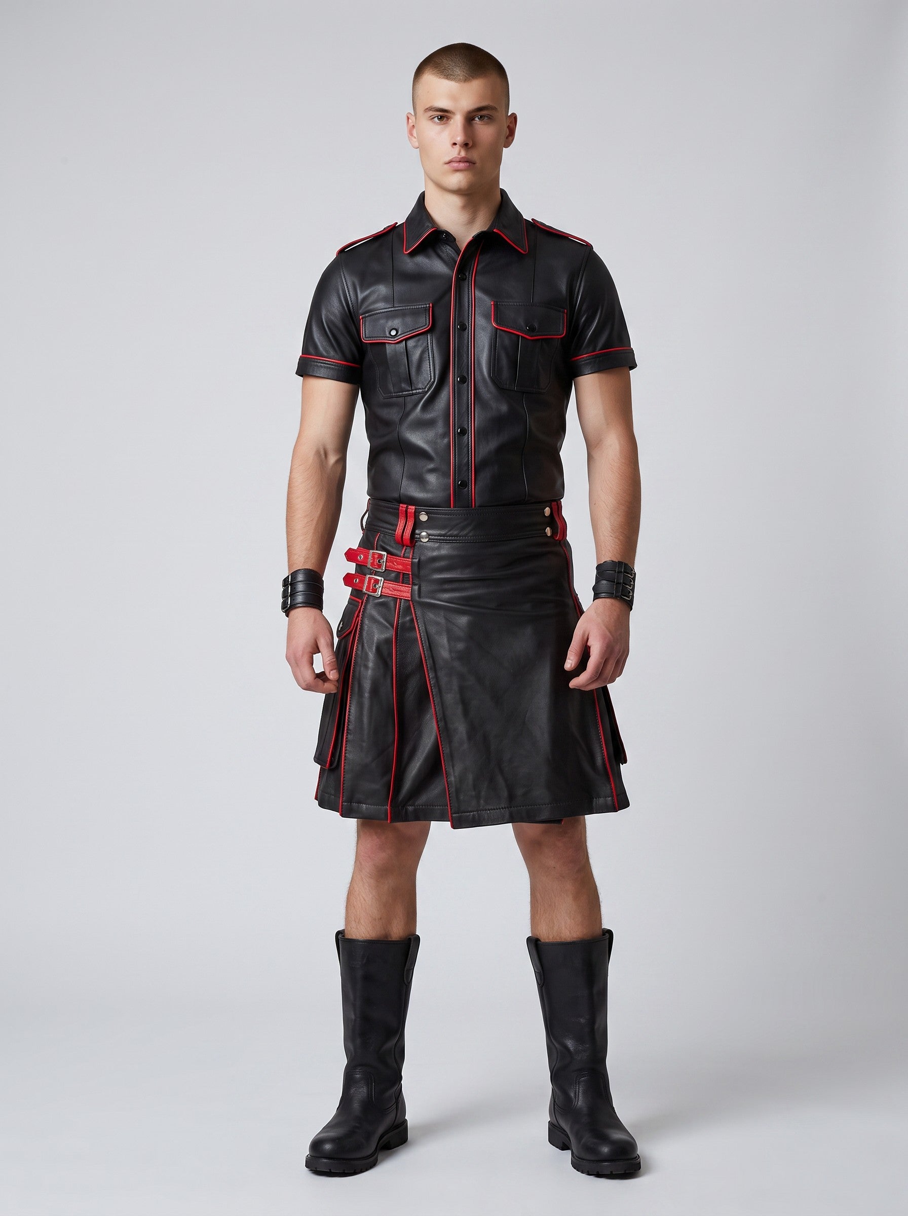 MEN'S REAL LEATHER UTILITY KILT WITH POCKETS AND RED LEATHER ACCENT
