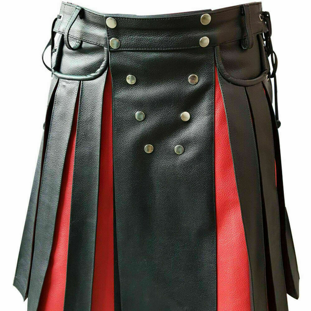 Men's Real Cowhide Leather Utility Kilt Side Laces & Pockets With Red Panels: