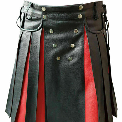 Men's Real Cowhide Leather Utility Kilt Side Laces & Pockets With Red Panels: