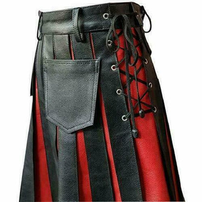 Men's Real Cowhide Leather Utility Kilt Side Laces & Pockets With Red Panels: