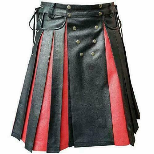 Men's Real Cowhide Leather Utility Kilt Side Laces & Pockets With Red Panels: