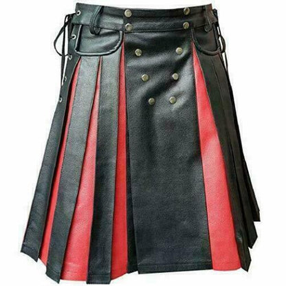Men's Real Cowhide Leather Utility Kilt Side Laces & Pockets With Red Panels: