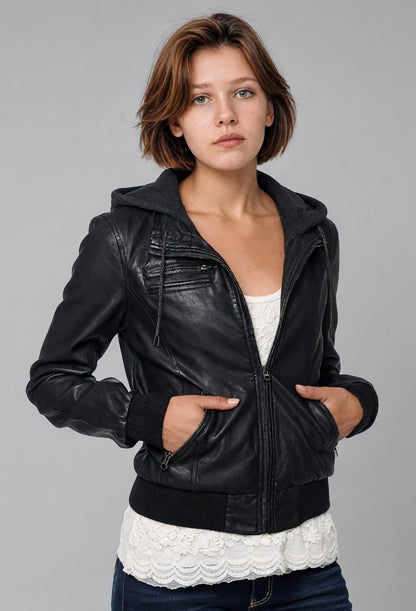 Women's Real Lamb Leather Bomber Slim Fit Jacket With Hood