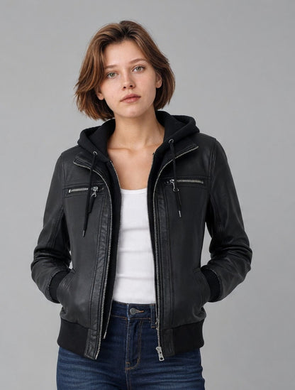 Women's Real Lamb Leather Bomber Slim Fit Lamb Jacket With Removable Hood