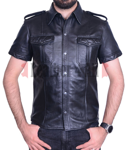 Men's Real Leather Police Shirt Soft Lamb Leather Shirt