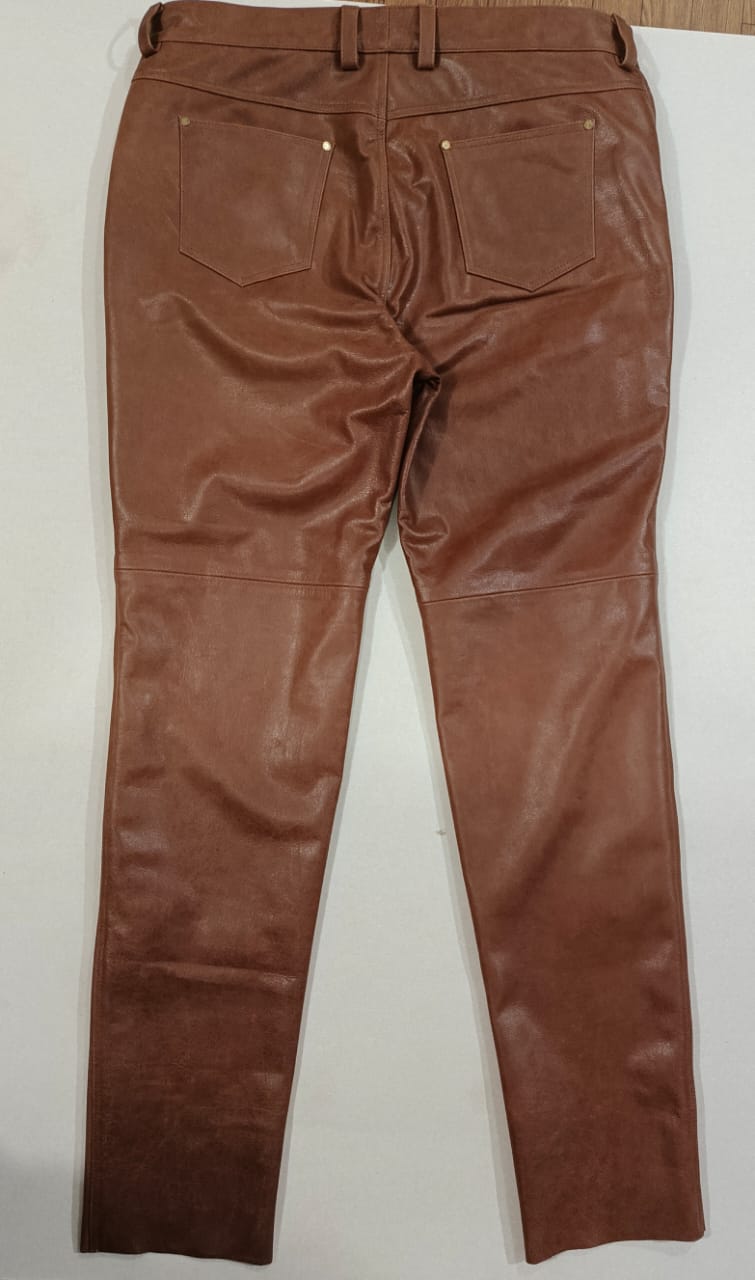 Vintage Brown Natural Grain Cowhide Leather Pants with 5-Pocket Design
