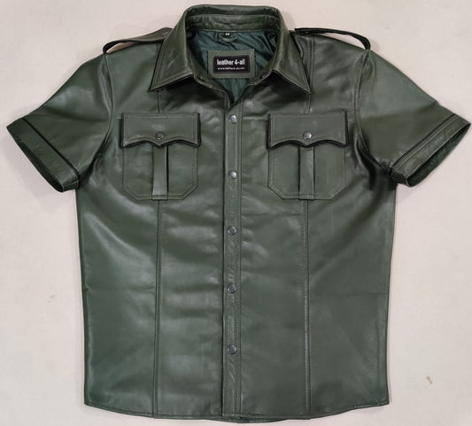 Green Lamb Leather Shirt with Chest Pockets and Shoulder Straps - Stylish and Fully Lined