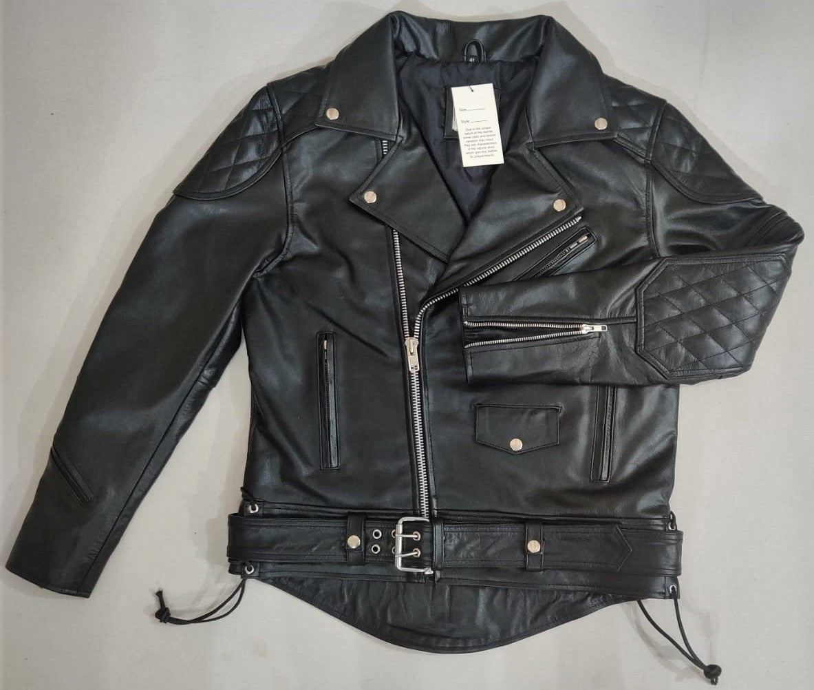 Real Leather Biker Jacket with Quilted Panels - Classic Brando Style