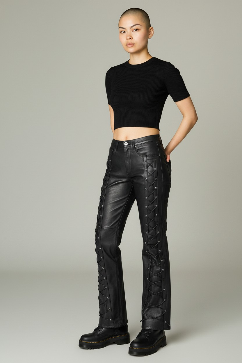 Women Real Lamb Leather Laces Up Slim Fit Bootcut Pants – Sexy Front Laces Up Pants