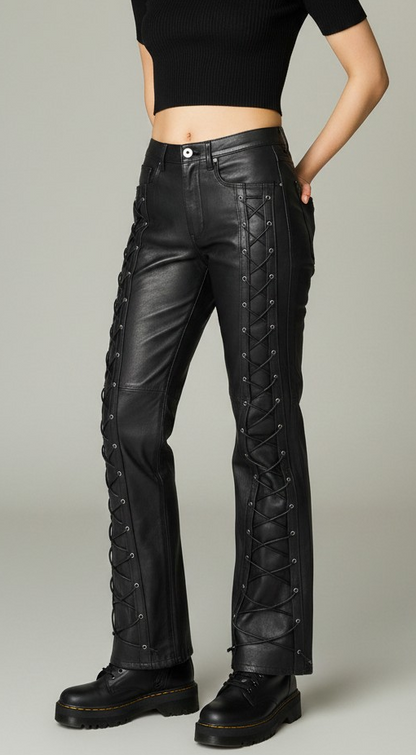 Women Real Lamb Leather Laces Up Slim Fit Bootcut Pants – Sexy Front Laces Up Pants