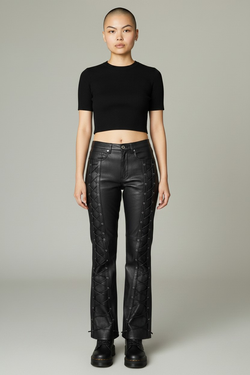 Women Real Lamb Leather Laces Up Slim Fit Bootcut Pants – Sexy Front Laces Up Pants