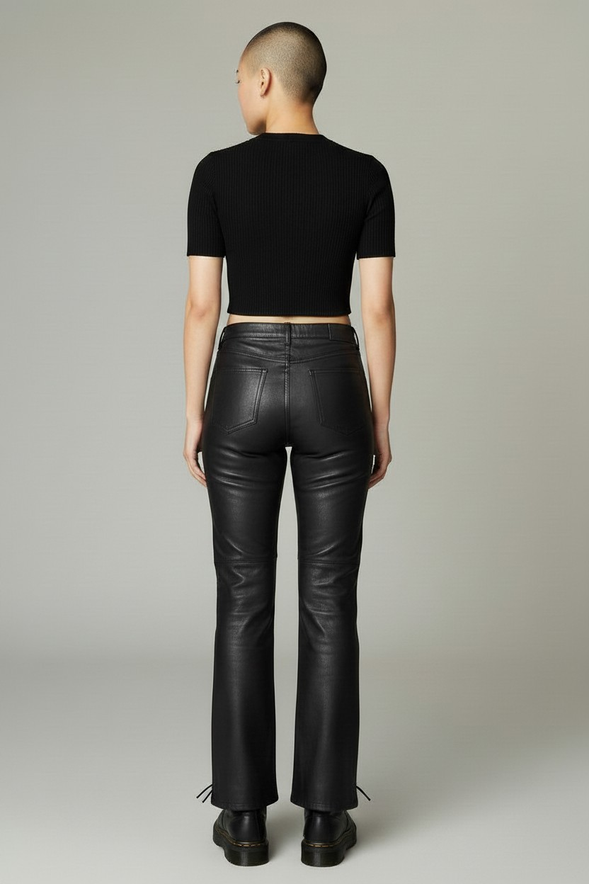 Women Real Lamb Leather Laces Up Slim Fit Bootcut Pants – Sexy Front Laces Up Pants