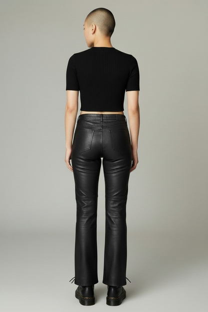 Women Real Lamb Leather Laces Up Slim Fit Bootcut Pants – Sexy Front Laces Up Pants