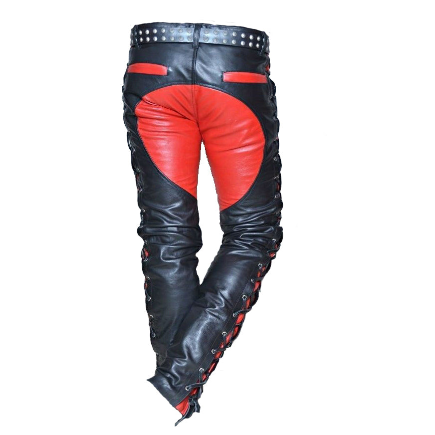 Men's Front And Side Laces Up Bikers Pants Contrast Leather Bikers Trousers