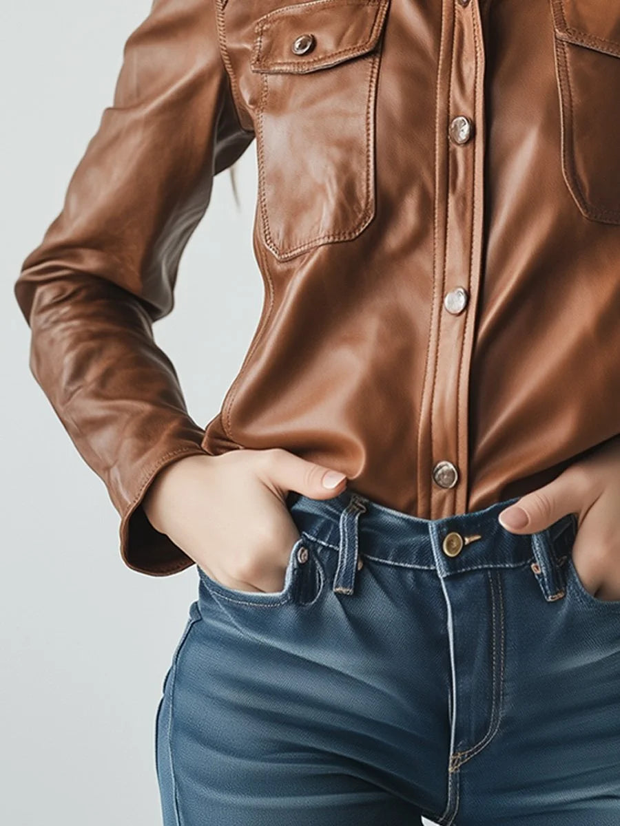 Women's Real Lamb Leather Shirt Slim Fit Snap Buttons Leather Shirt In 4 Colors
