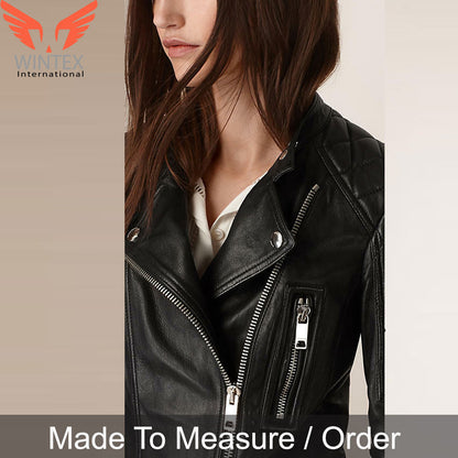 Women’s Real Lamb Leather Bikers Jacket Quilted Panels Leather Biker Jacket