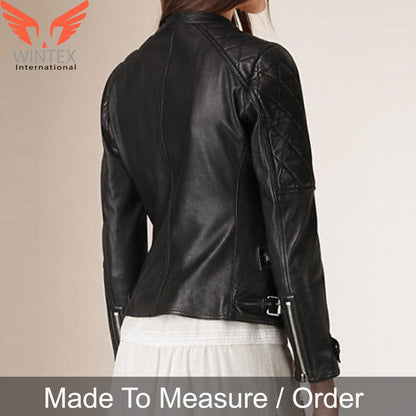 Women’s Real Lamb Leather Bikers Jacket Quilted Panels Leather Biker Jacket