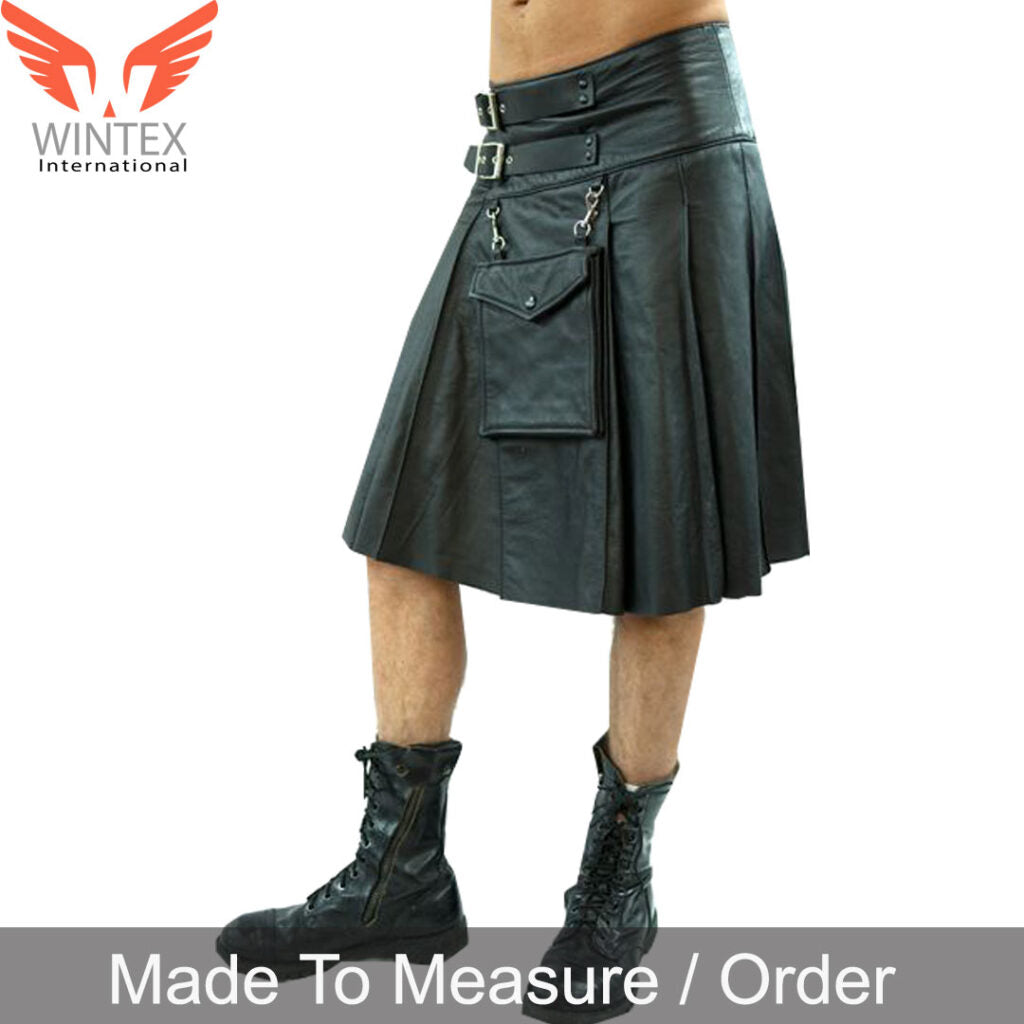 Men’ Real Cowhide Leather Kilt Clubwear SPORRAN Kilt Detachable Front Pocket Kilt