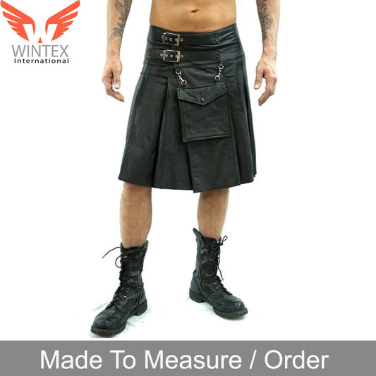 Men’ Real Cowhide Leather Kilt Clubwear SPORRAN Kilt Detachable Front Pocket Kilt