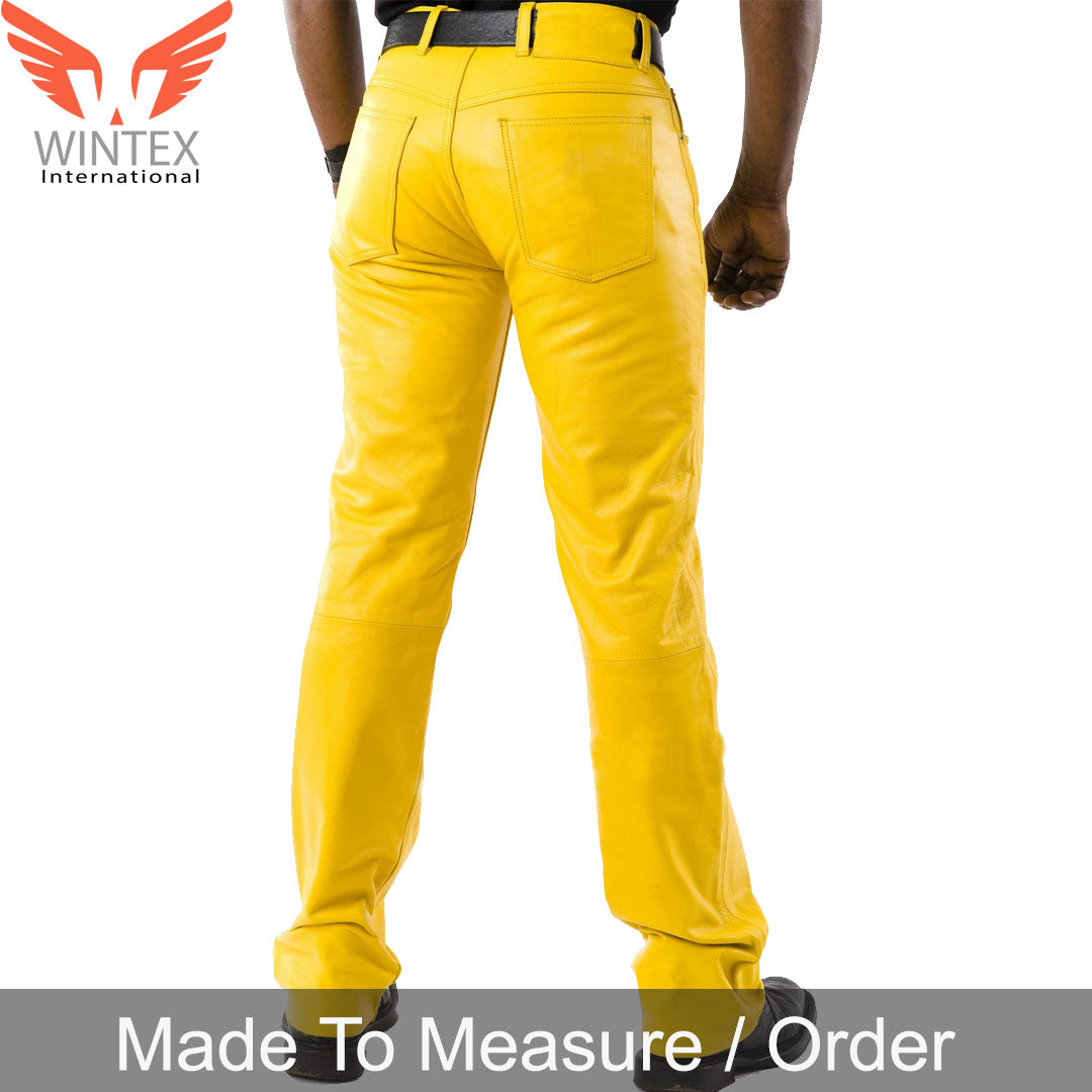 Men’s Real Leather Bikers Pants 5 Pockets Yellow Leather Jeans / Bikers Pants