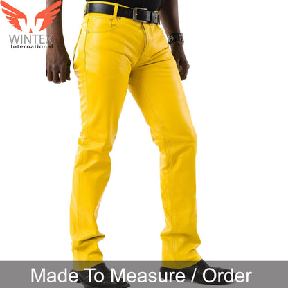 Men’s Real Leather Bikers Pants 5 Pockets Yellow Leather Jeans / Bikers Pants