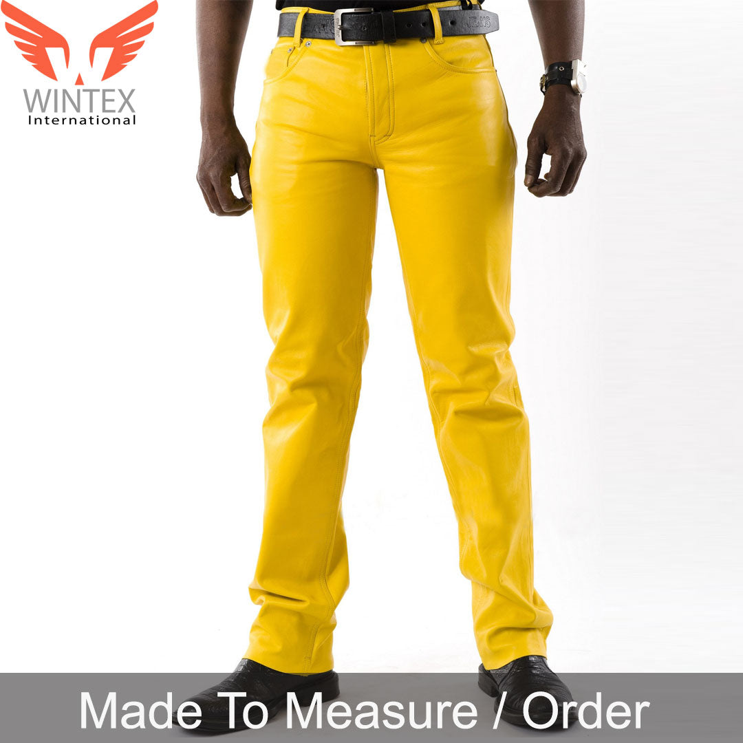 Men’s Real Leather Bikers Pants 5 Pockets Yellow Leather Jeans / Bikers Pants