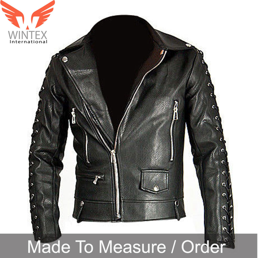 Men’s Real Leather Bikers Jacket Cowhide Leather Laced Up Sleeves Bikers Jacket