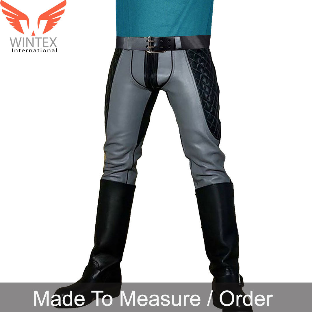 Men’s Real Cowhide Leather Bikers Pants Quilted Panels Grey Leather BLUF Pants