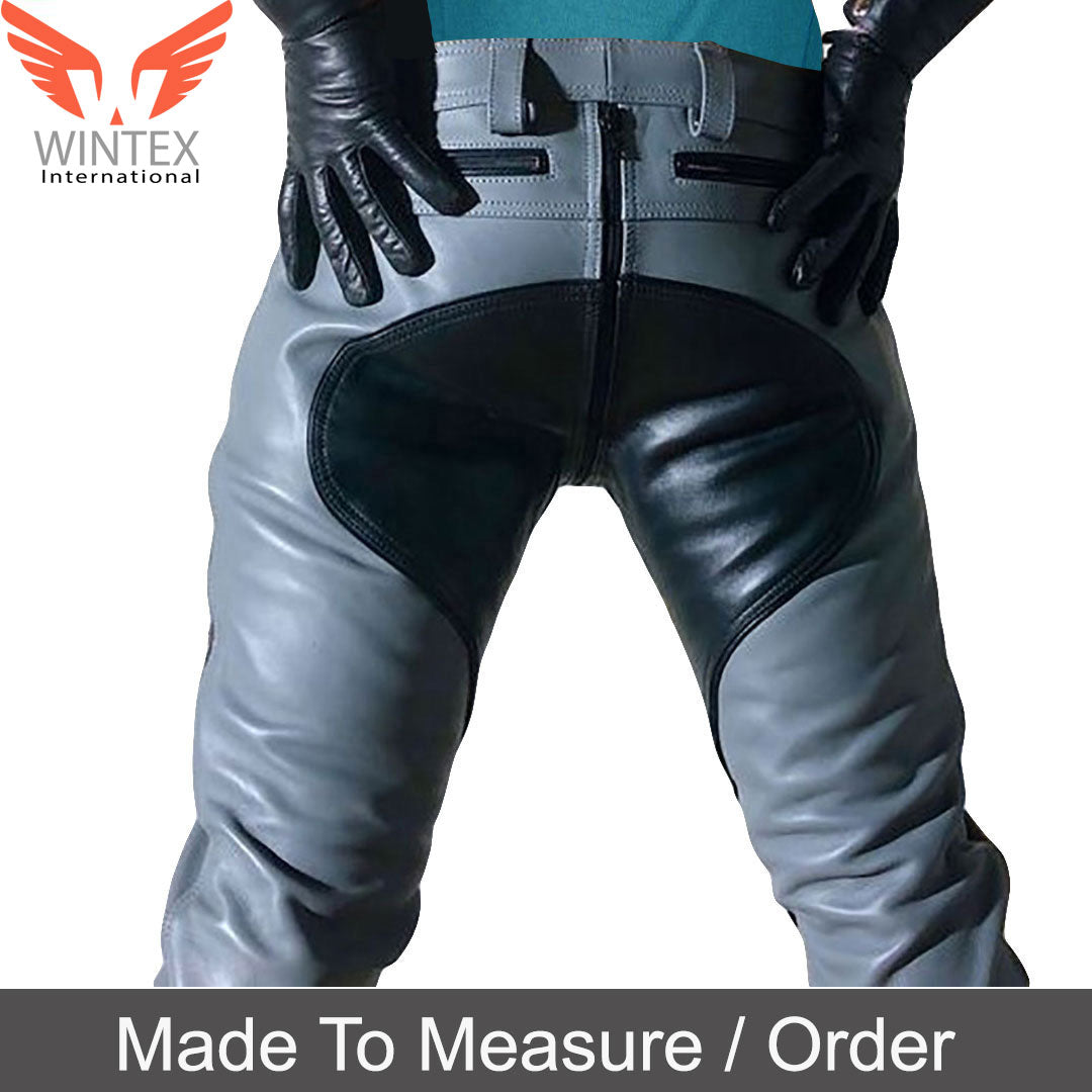 Men’s Real Cowhide Leather Bikers Pants Quilted Panels Grey Leather BLUF Pants