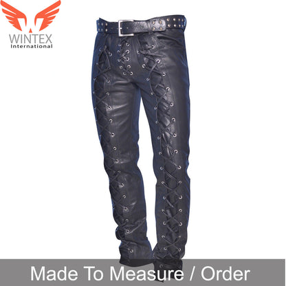 Men’s Real Leather Laces Up Bikers Pants Front And Back Laces Leather Pants