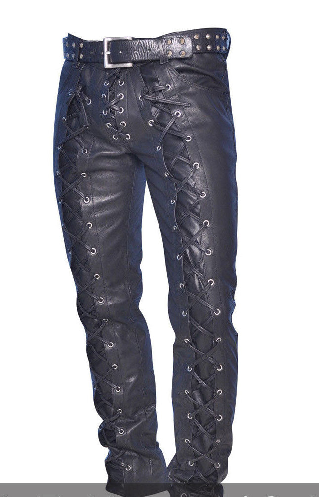Men’s Real Leather Laces Up Bikers Pants Front And Back Laces Leather Pants