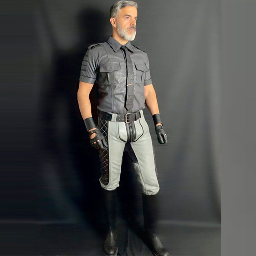 Men’s Real Cowhide Leather Bikers Pants Quilted Panels Grey Leather BLUF Pants