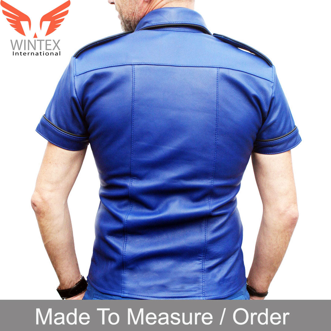 Men’s Lamb Leather Short Sleeves Leather Shirt Blue Leather Shirt With Black Piping