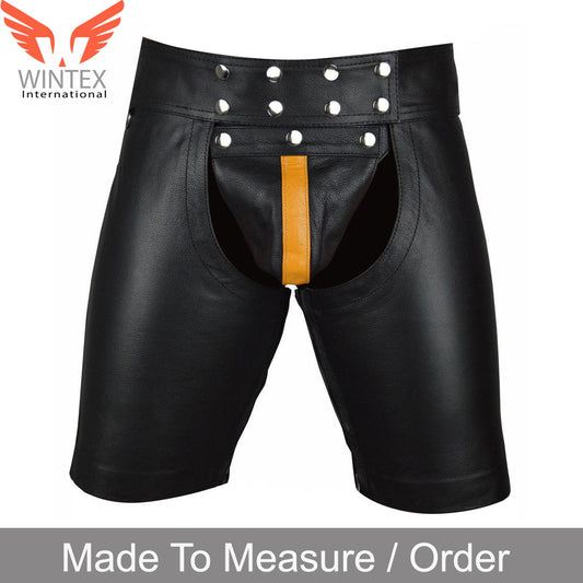 Men’s Real Cowhide Leather Chaps Shorts Leather Chaps With Detachable Codpiece