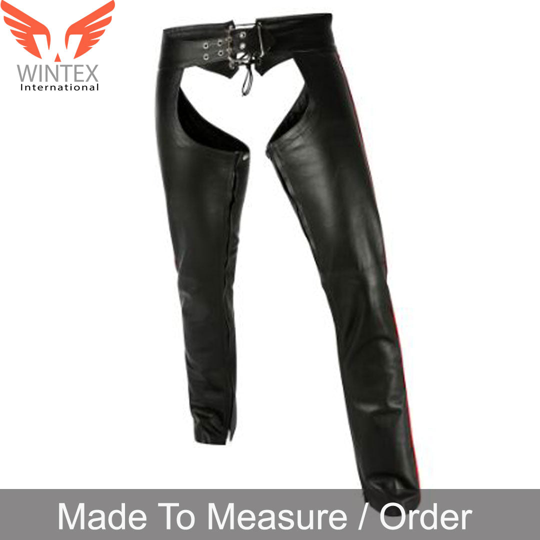 Men’s Real Leather Chaps Bikers Chaps With Detachable Codpiece & Side Stripes