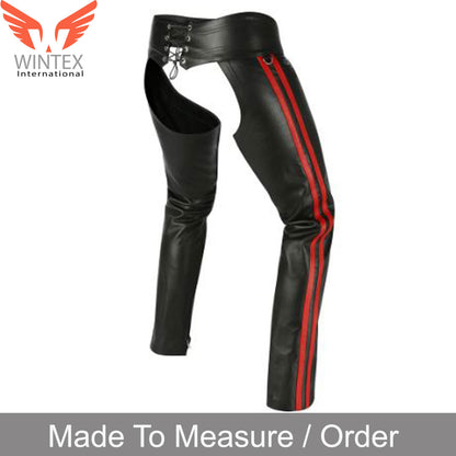 Men’s Real Leather Chaps Bikers Chaps With Detachable Codpiece & Side Stripes