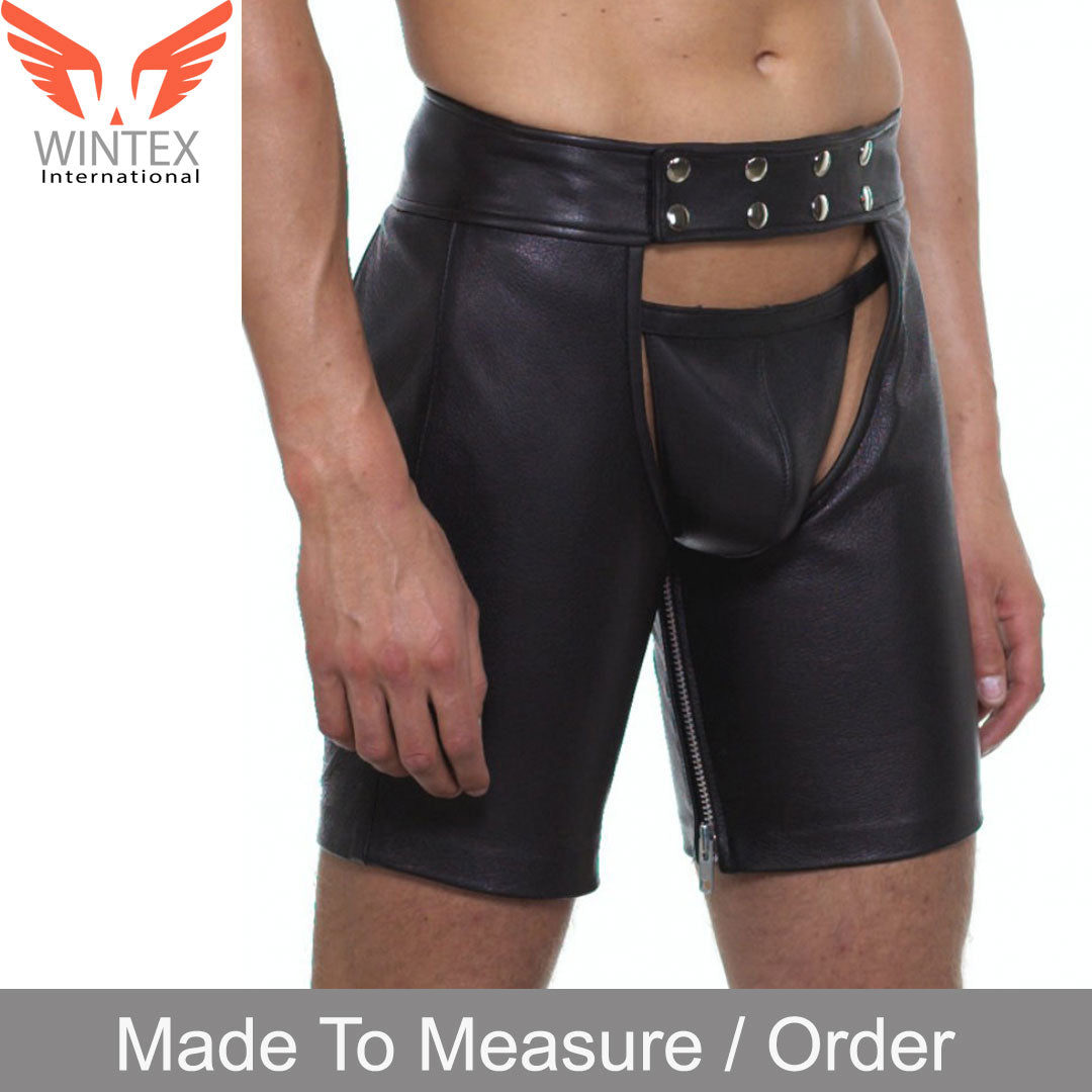 Men’s Real Cowhide Leather Chaps Leather Shorts Chaps With Detachable Jockstrap