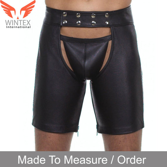 Men’s Real Cowhide Leather Chaps Leather Shorts Chaps With Detachable Jockstrap