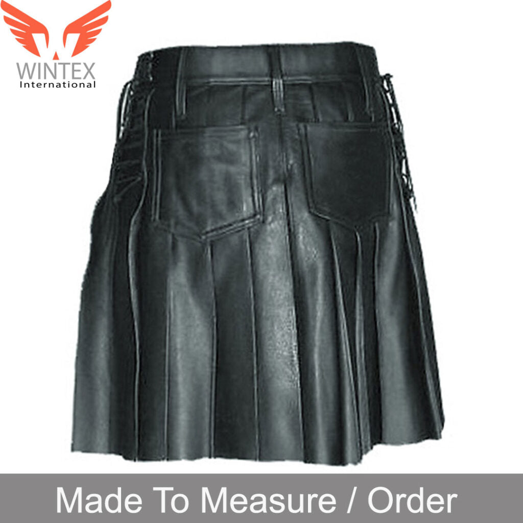 Men’s Real Club Wear Black Leather Kilt With Side Waist Laces For Fitting